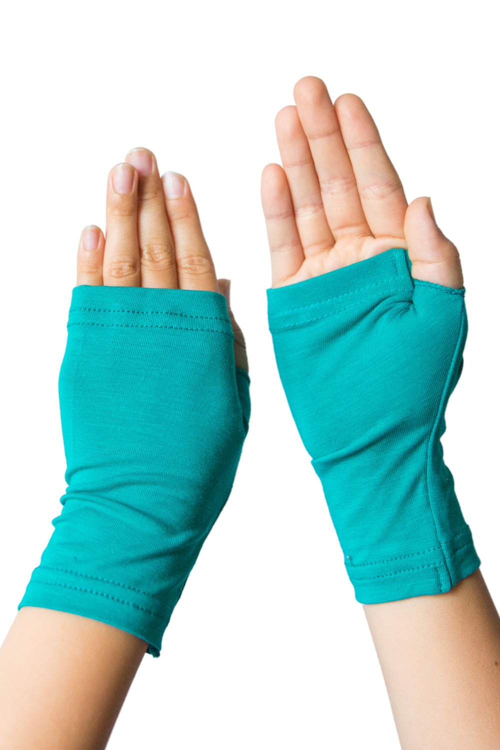 blue fingerless gloves