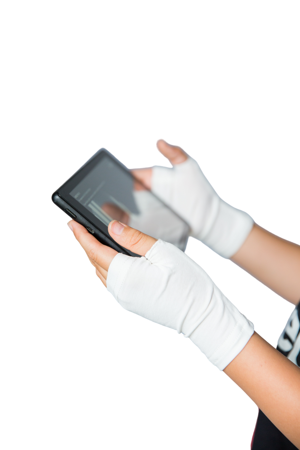 Playing on table with white fingerless gloves