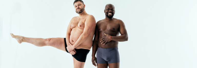 Two men wearing anti-chafing underwear