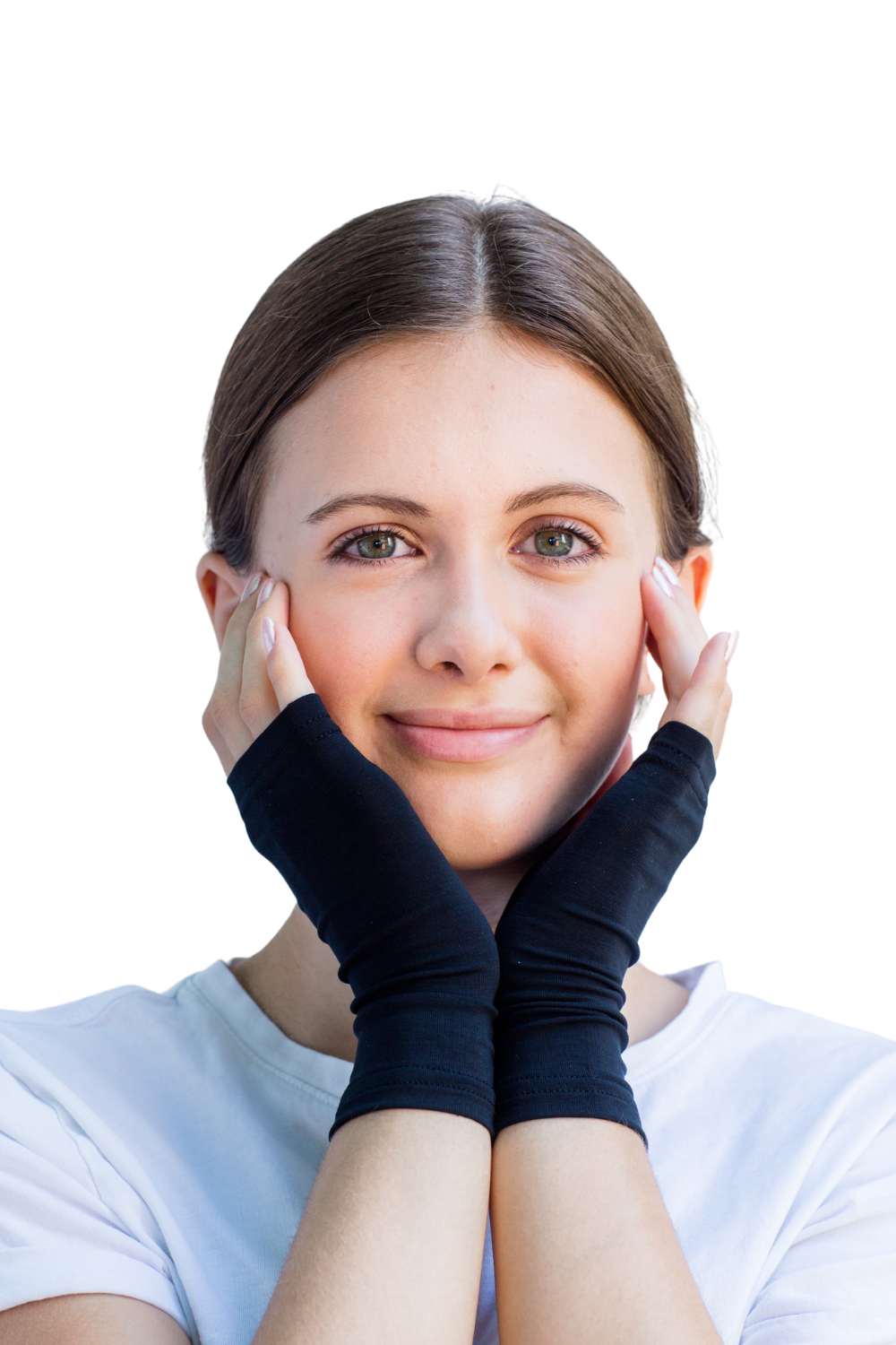 Woman holding hands at face - fingerless gloves