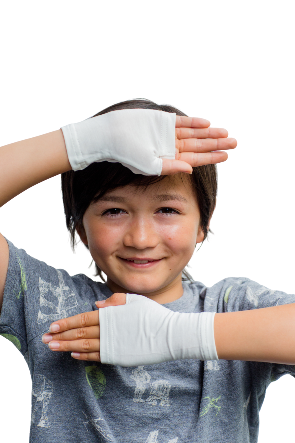 Fingerless Gloves for kids - kid showing gloves and protecting face