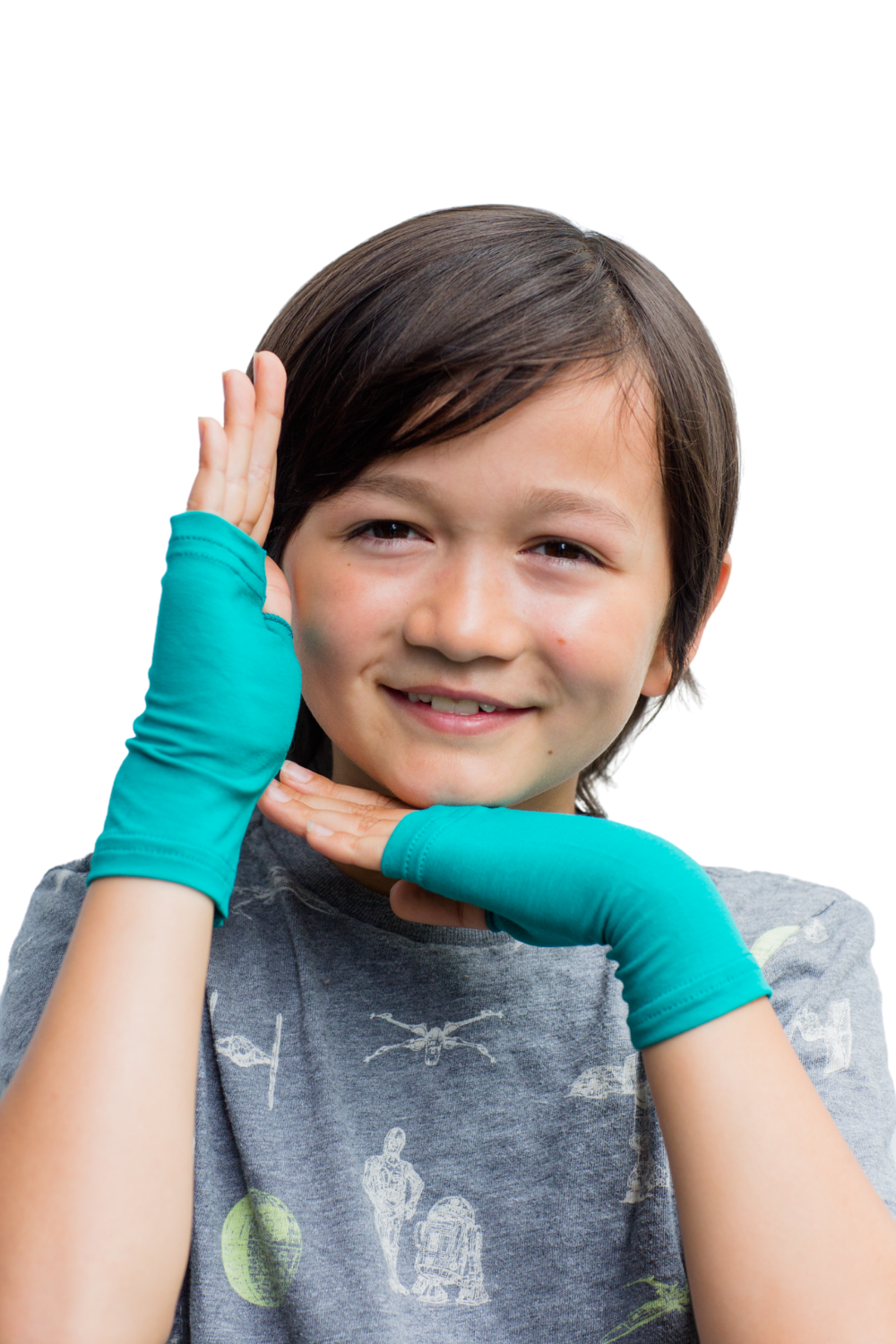 Showing off blue fingerless gloves
